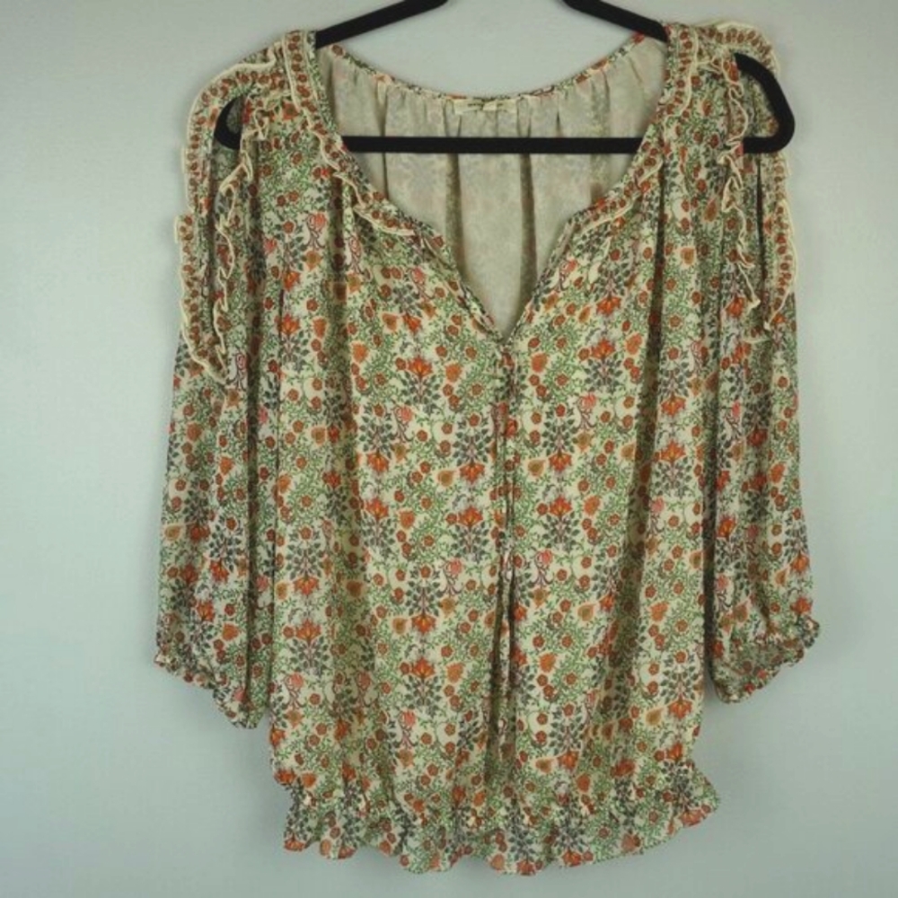 Max Studio Open Shoulder Cream Rust & Green Floral Sheer Blouse Size Medium